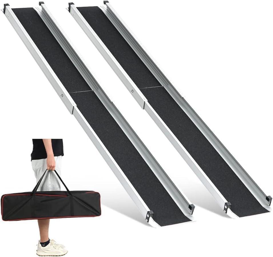 gardhom 1Pair 7FT Adjustable Wheelchair Ramp 84" L x 7.4" W Telescopic Ramps for Wheelchairs 600 lbs Portable Wheelchair Ramps for Steps Home Threshold Doorways Steps Stairs with Carrying Bag (7FT(can be used as 4FT or 7FT))