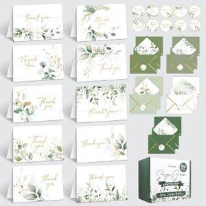 Decorably 100 Pack Gold-Foiled 6x4in Sage Green Thank You Cards with Envelopes, 10 Folded Elegant Designs for Friends & Loved Ones, Blank Inside - Baby Shower, Wedding, Birthday, Gifting, Mailing