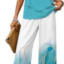 2 Piece Sets for Women Sleeveless Leaf Graphics Vest Top and Solid Color Wide Leg Long Pants Travel Outfits Lounge Set (Blue, M)