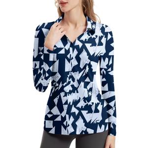 FKEEP Women's Tennis Golf Shirt Long Sleeved Top Sport Activewear V-Neck Workout Athletic (01 Black Squares)