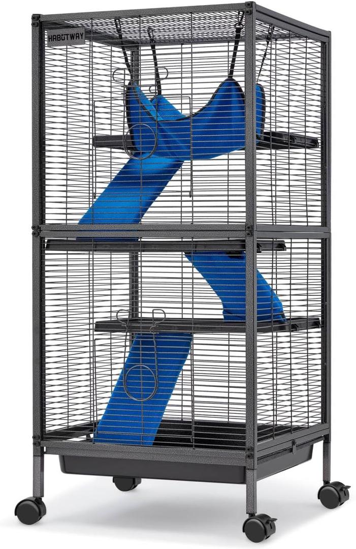 HABUTWAY 45''H Metal Small Animal Cages, Rolling Chinchilla Cage with Removable Ramps, Lagre Critter Nation Cage for Chinchillas/Guinea Pigs/Rabbit, Ferret Cages with Hammock & 4 Tiers, Black (Medium)