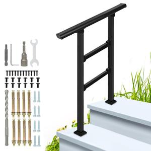 2-Step Outdoor Stair Railing: Black Wrought Iron Handrail for 1 to 2 Steps - Porch Stairs Hand Rail Railings Kit