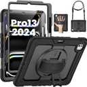 SEYMAC for iPad Pro 13 Inch Case 2024 M4 (7th Generation), Heavy Duty Shockproof Protective Case with Screen Protector, 360 Rotating Stand, Hand/Shoulder Strap and Pen Holder, Black