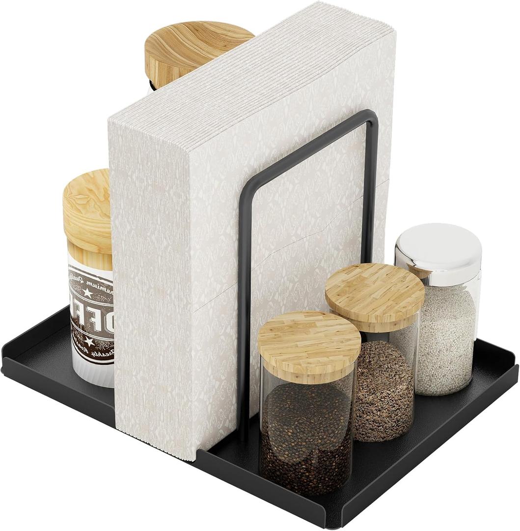 LSK Napkin Holder, Metal Napkin Holder for Table with Salt and Pepper Shakers Caddy, Napkin Storage Dispenser for Kitchen Dinner Table and Picnic Decors, Black