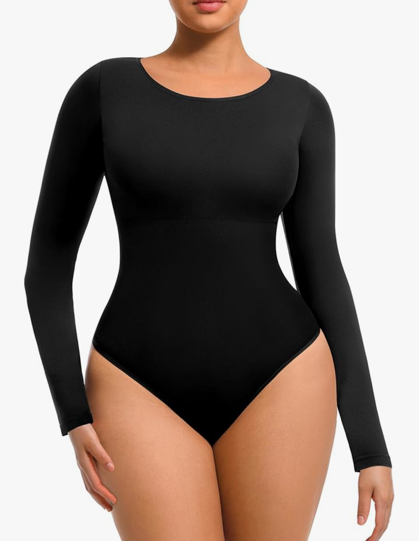 FeelinGirl Tummy Control Bodysuit for Women Long Sleeve Shapewear Thong Body Suit M/L