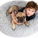 Orthopaedic Round Dog Beds for Large Dogs Washable with Removable Cover,Extra Comfort Calming Foam Cooling Gel Pet Bed with Waterproof Plush Cushion,Fluffy Anti Anxiety Cuddler for Sleep 36 Inch,Grey