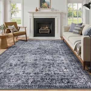Lahome Black Area Rug 6x9, Soft 6x9 Washable Rug for Living Room Bedroom, Vintage Non Slip Ultra-Thin Stain Resistance Large Retro Throw Carpet for Dining Room Home Office, Black