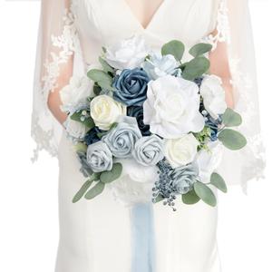 Ling's moment Dusty Blue Bridal Bouquet for Bride, Blue Wedding Bouquets for Bride, 13 Inch Silk Round Artificial Wedding Flowers Bouquets