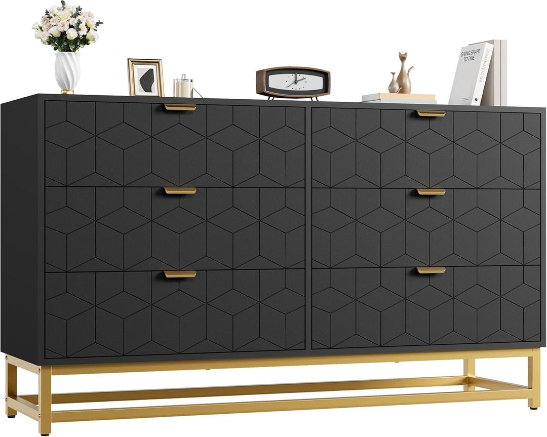 IDEALHOUSE Black 6 Drawer Dresser for Bedroom, 53.5 Large Dresser with Metal Legs, Modern Chest Organizer with Wide Storage, Chest of Drawers for Bedroom, Living Room, Entryway