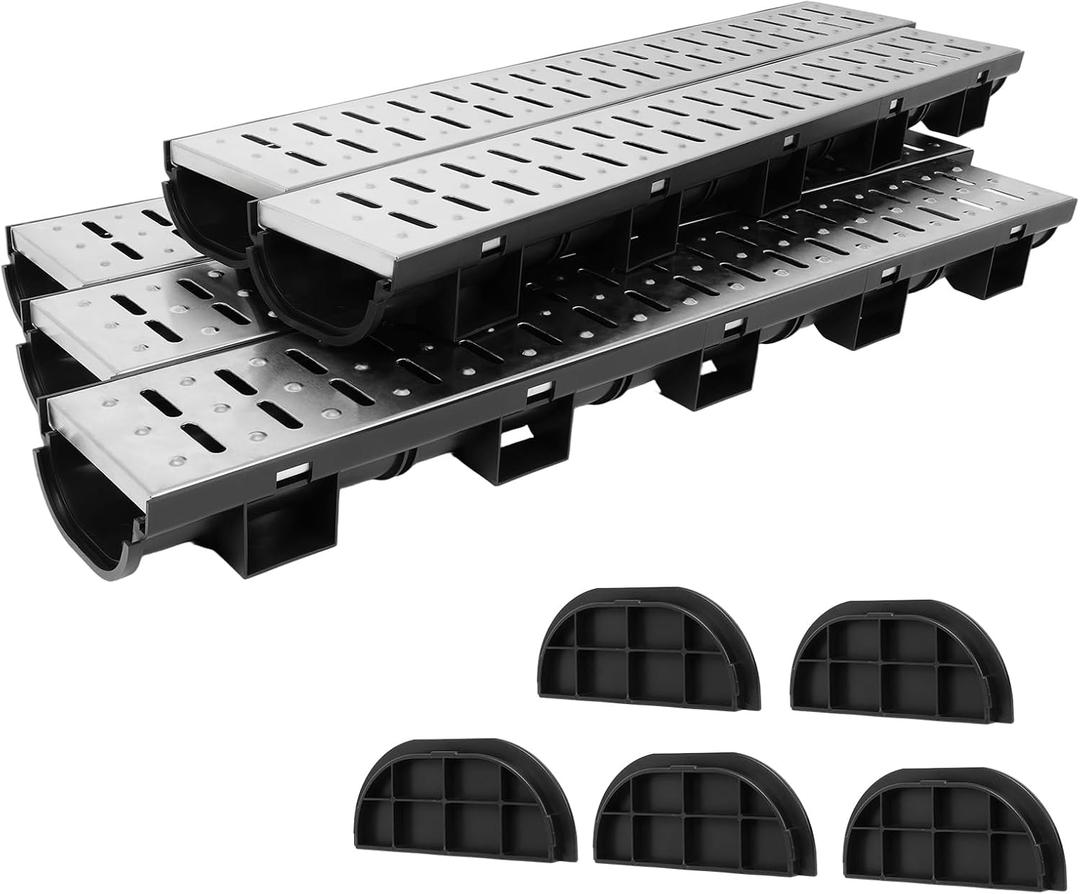 5 Pack Trench Drain System, 304 Stainless Steel Metal Grate & HDPE Channel Drainage for Garage Flooring Drain, 39x5.9x3.1in, Easy to Install,Suitable for Driveway, Garden, Pool Deck