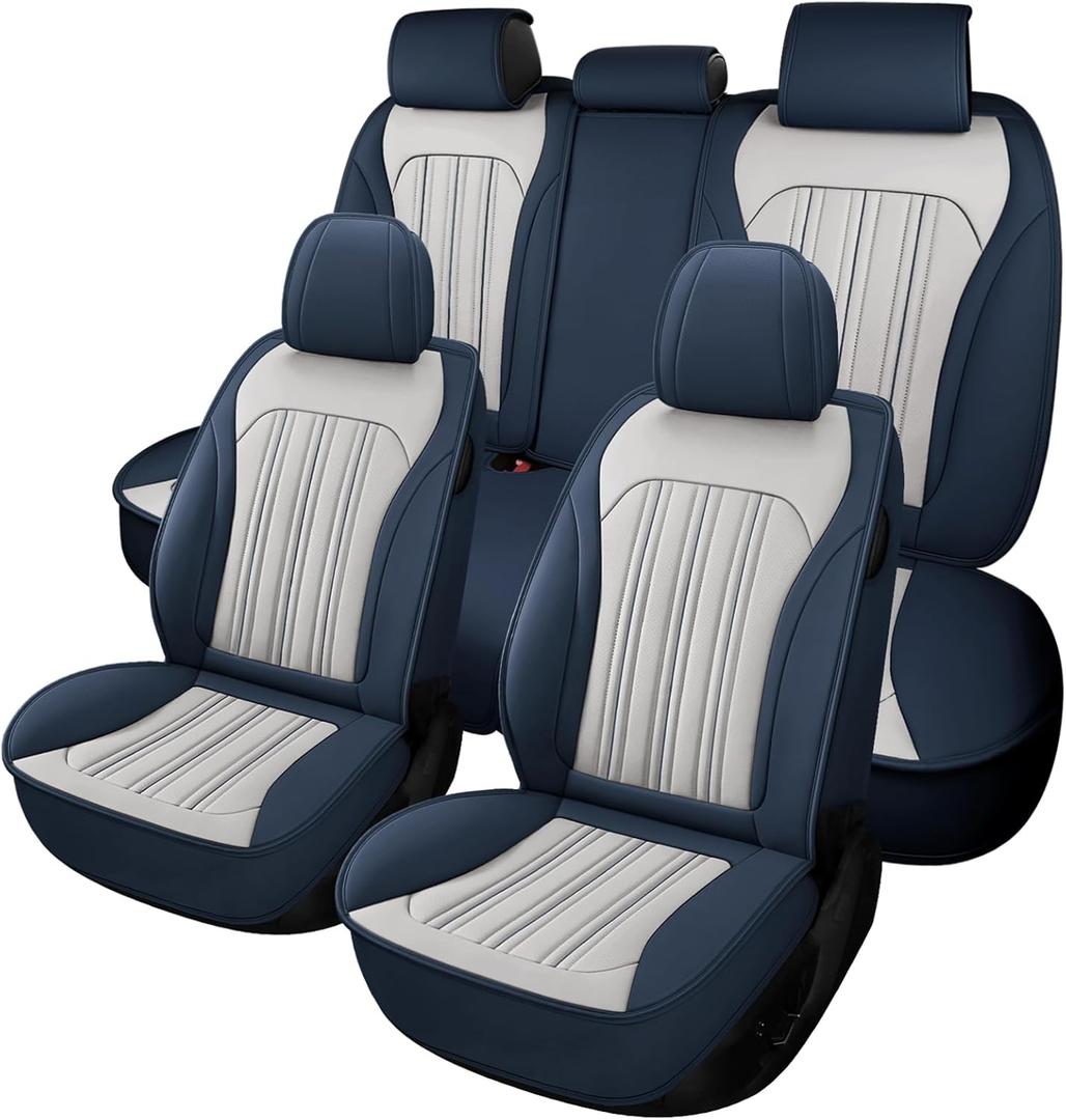 ifwohao Car Seat Cover, Seat Covers for Cars, Luxury Faux Leather Waterproof Seat Covers, Car Seat Protector Accessories Universal Fit Most Vehicles BlueWhite Full Set