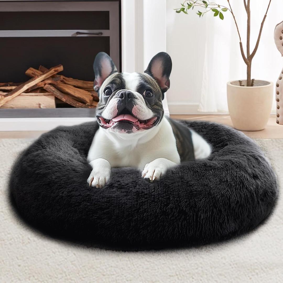 JOLLYVOGUE Calming Dog Bed Medium Size Dog, 31in Donut Washable Medium Pet Bed, Anti-Slip & Anti-Anxiety Fluffy Faux Fur Round Dogs Bed, Fits up to 45 lbs Pets (Black)