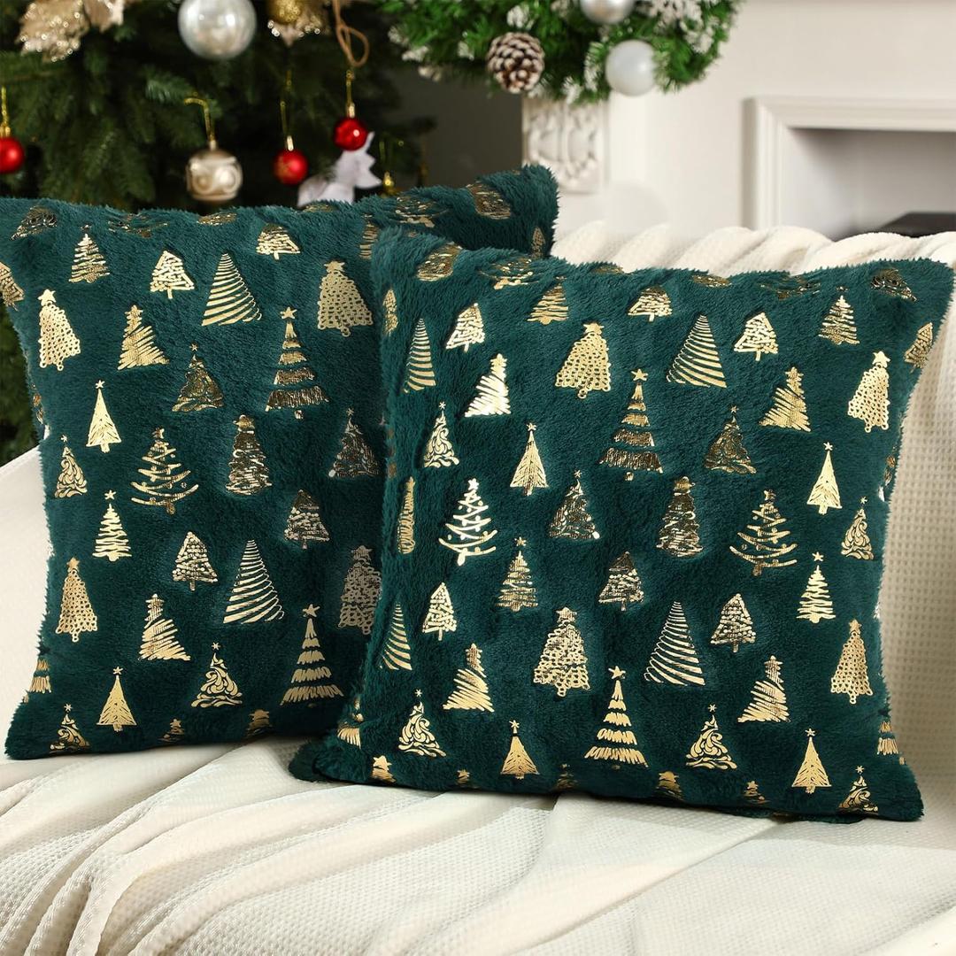 Amyhill Christmas Pillow Covers 18 x 18'' Set of 2 Double Sided Christmas Tree Pillow Cover Soft Plush Faux Fur Pillowcases for Couch Living Room Bed(Dark Green)