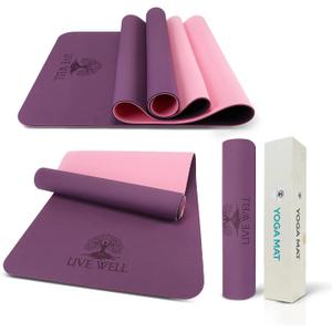 Live Well Thick Yoga Mat - 6mm TPE Non-Slip Exercise Mat for Home Gym, Dual Color (Purple/Pink) Yoga Mats for Women, 6ft x 2ft