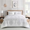 Sunshine Nicole Reversible Comforter Set, Brushed Microfiber Fabric with Embroidery for Front and Printed Microfiber Fabric for Reverse, 3 Pieces Grey White Queen