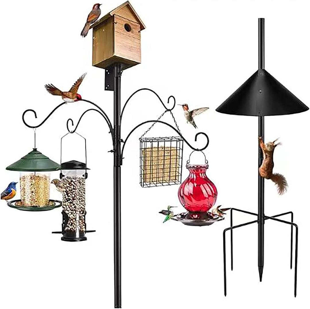 92 Inch Black Adjustable Heavy Duty Bird Feeder Pole for Outdoors Bird House Pole for Garden with Squirrel Proof Baffle 4 Shepherd Hooks Birds Feeding Station with 5-Prong Base for Yard, Garden