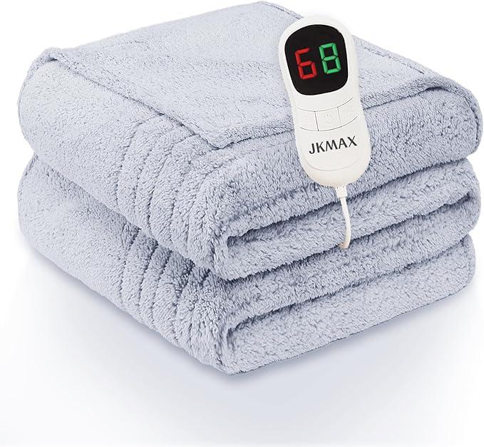 JKMAX Heated Electric Blanket Full Size - 72"x84" Heating Blanket with 10 Heating Levels & 5 Time Settings Over-Heat Protection, Winter Warmer for Adults with ETL Certification（White And Blue)