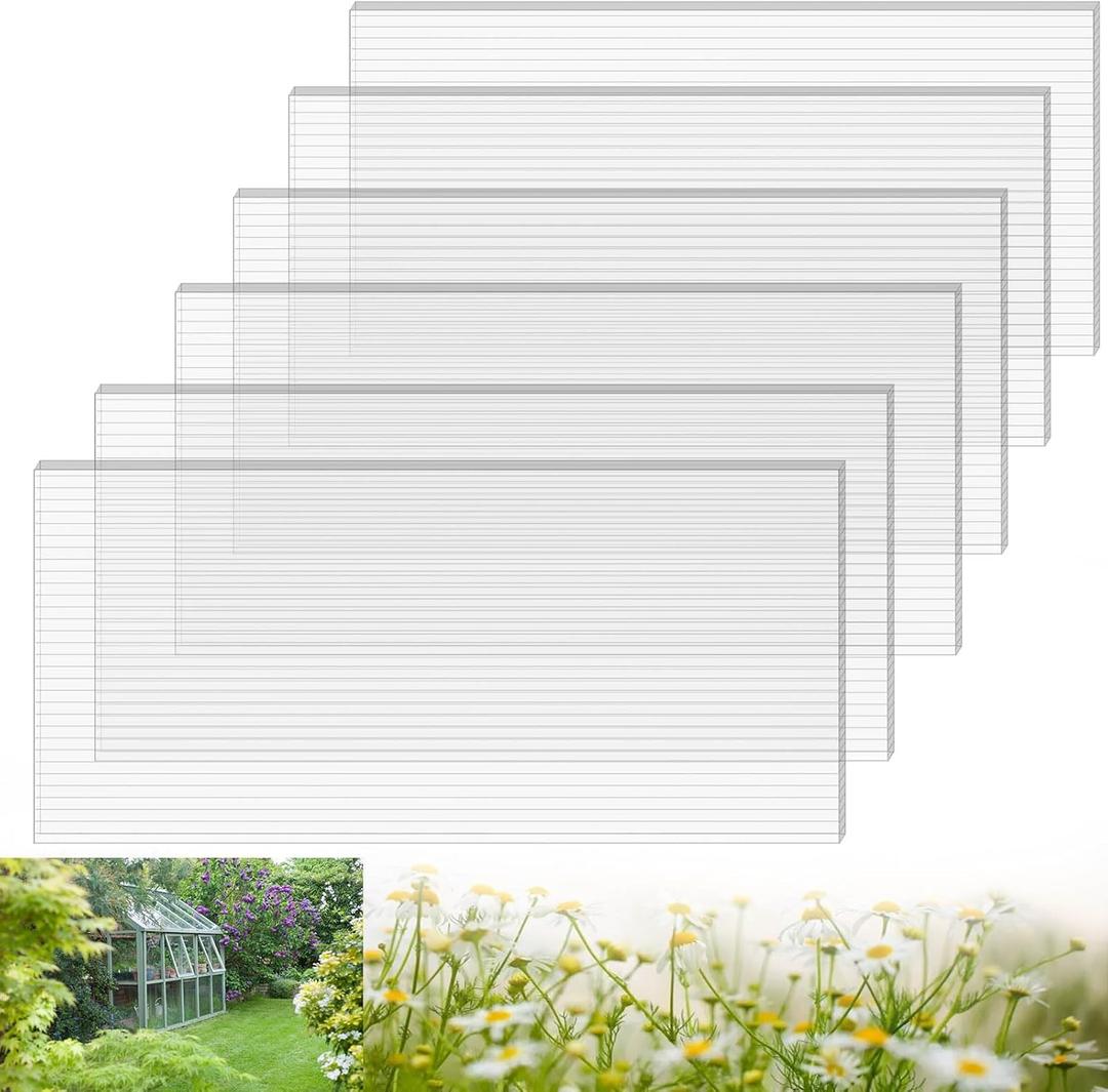 6 PCS Polycarbonate Greenhouse Panels, 4' x 2' x 0.32" Twin-Wall Panels, Polycarbonate Sheet for All Weather Outdoor Garden and Greenhouse Covering, Excellent Light Transmission & Weather Resistance