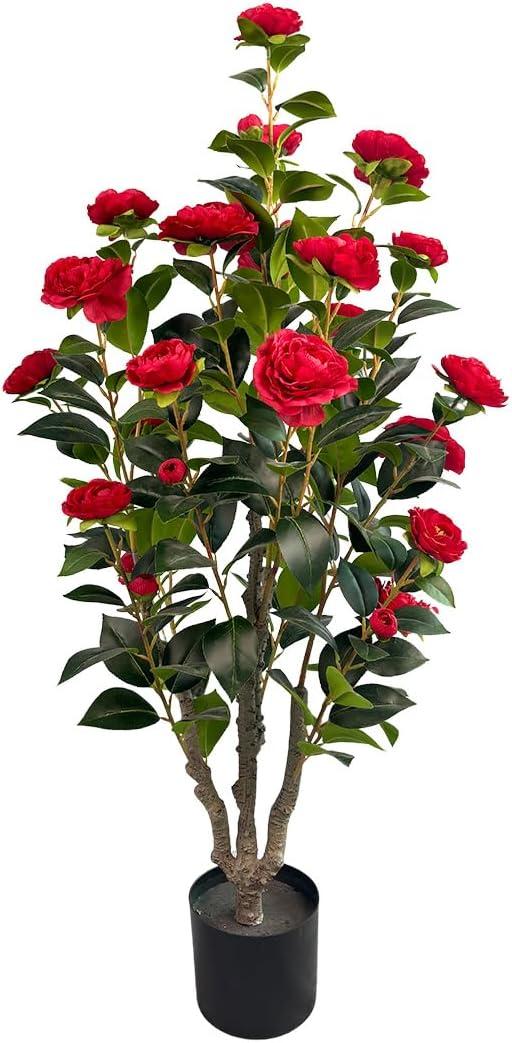 3.4ft Artificial Camellia Tree | Red Flowers & Green Leaves | Indoor Outdoor Decor, No Maintenance (1 Pack - Red)