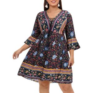 Women's Plus Size Boho Dress Floral V Neck Tassel Bell Sleeve Casual Summer Beach Flowy Mini Dress
, 18W, Women's
