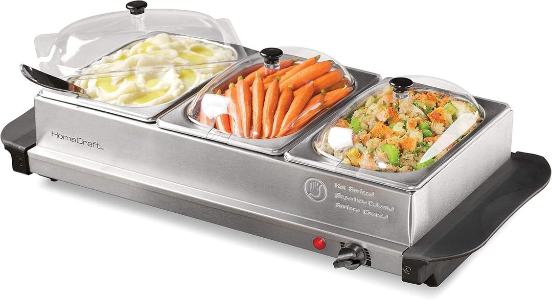 HomeCraft HCBS15SS 3-Station 1.5-Quart Stainless Steel Buffet Server Slow Cooker & Warming Tray, Adjustable Temperature, Perfect for Dinner, Appetizers