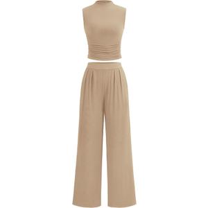 PRETTYGARDEN 2 Piece Sets for Women Summer 2025 Airport Travel Outfits Crop Tank Tops Wide Leg Pants Matching Lounge Sets (Khaki, XX-Large) 