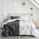 Joyreap 3 Pieces Quilt Set King, Black n White Rversible Botanical Design, Smooth Soft Microfiber Quilt, Bedspread Bed Cover for All Season, 1 Quilt and 2 Pillow Shams- 102x90 inches