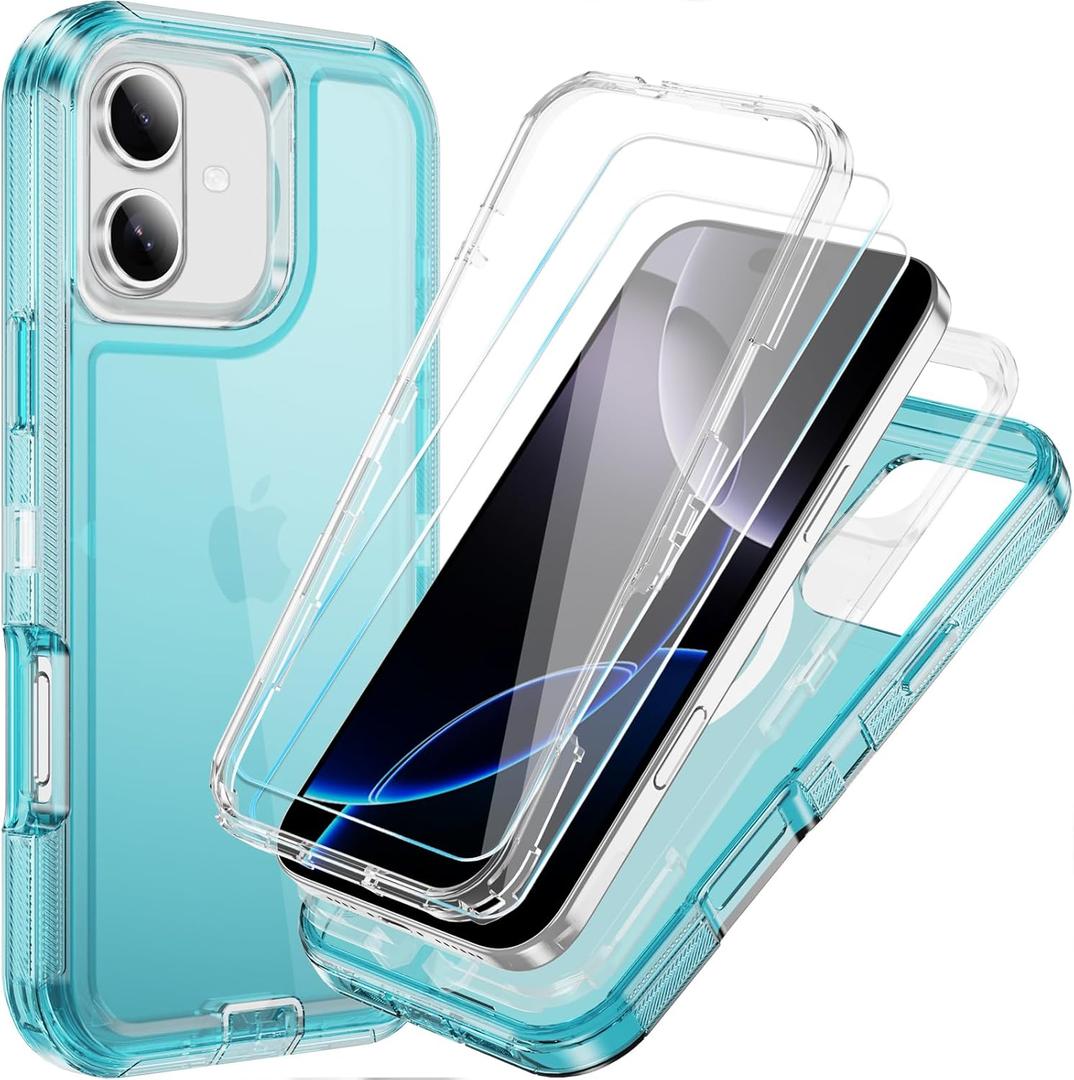Compatible with iPhone 16 Plus Case with HD Screen Protector, Heavy Duty Shockproof [3 in 1] Clear Phone Cases for iPhone 16 Plus 6.7" (Blue)