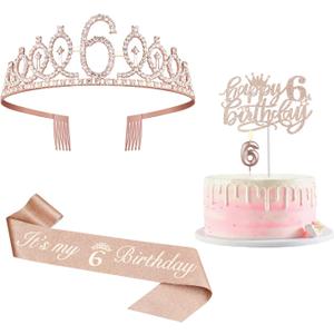 6th Birthday Decorations for Girl Including Sash, Crown, Numeral Candle and Cake Topper, 6 Year Old Birthday Decorations Rose Gold Party Favor Supplies