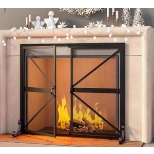 Fire Beauty Fireplace Screen with Doors, 2-Pannel Handcrafted Solid Wrought Iron Decorative Mesh,Baby Safe Proof Firewood Burning Stove Accessories(Black) (37.8" L x30.7 " H)