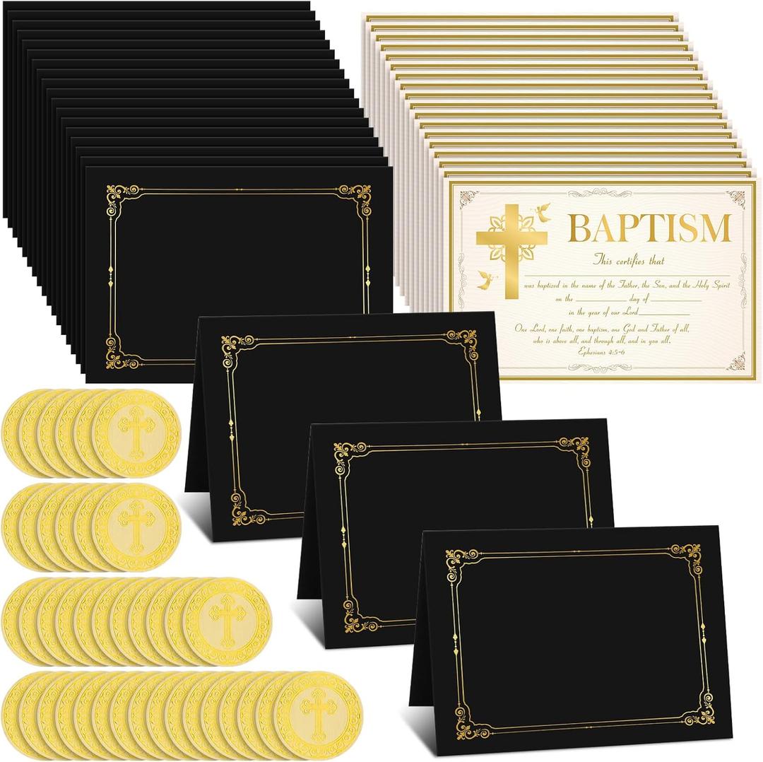 Karenhi 72 Pcs Baptism Certificates Kit for Church 12 x17 Certificate Holders 8.7 x 12 Inch Blank Baby Dedication Paper Gold Foil Award Stickers for Baby Baptismal Award Christening Recognition Gifts