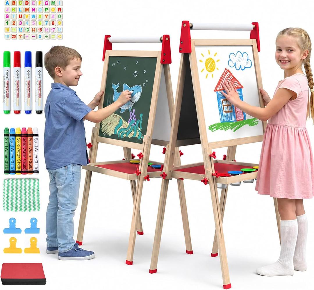 Kids Art Easel, Adjustable Wood Chalkboard, Easels for Toddlers | 3-in-1 Magnetic Whiteboard & Chalkboard, 38-51 in Adjustable Height, 17 in Paper Roll, Storage Trays, 54-Piece Math Set, Red, One Size