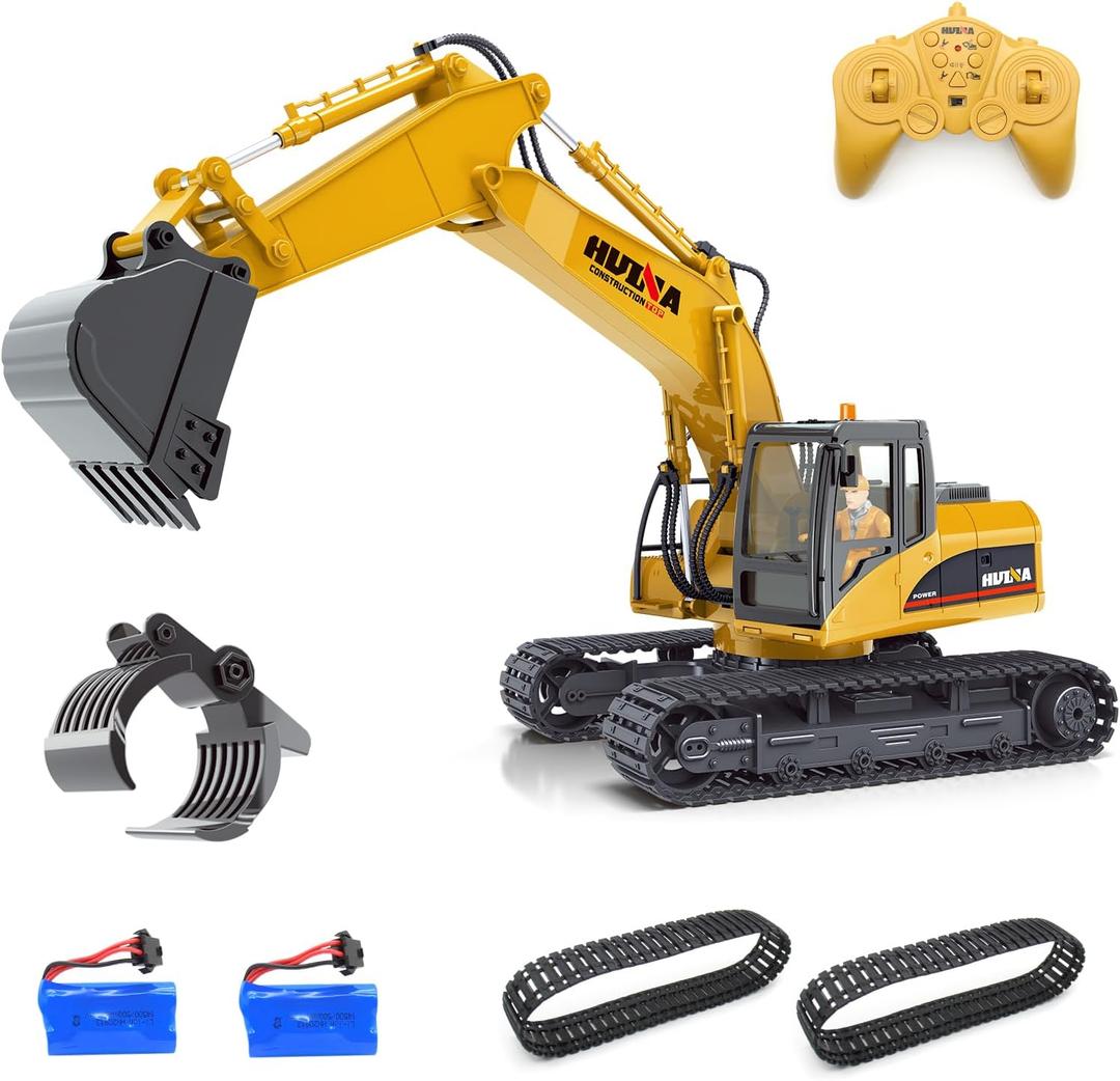 Mostop Remote Control Excavator Construction Toys - 15 Channel 3 in 1 RC Excavator with Metal Shovel - 2.4Ghz RC Construction Truck Vehicles with 2 Rechargeable Batteries, 2 Tracks