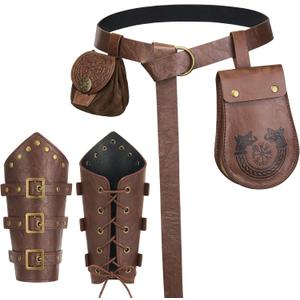  4PCS Renaissance Accessories, Viking Renaissance Belt Pouch Coin Purse Leather Bracers, Medieval Phone Waist Bag Pirate Ren Faire Accessories Costumes for Halloween Cosplay LARP, Brown