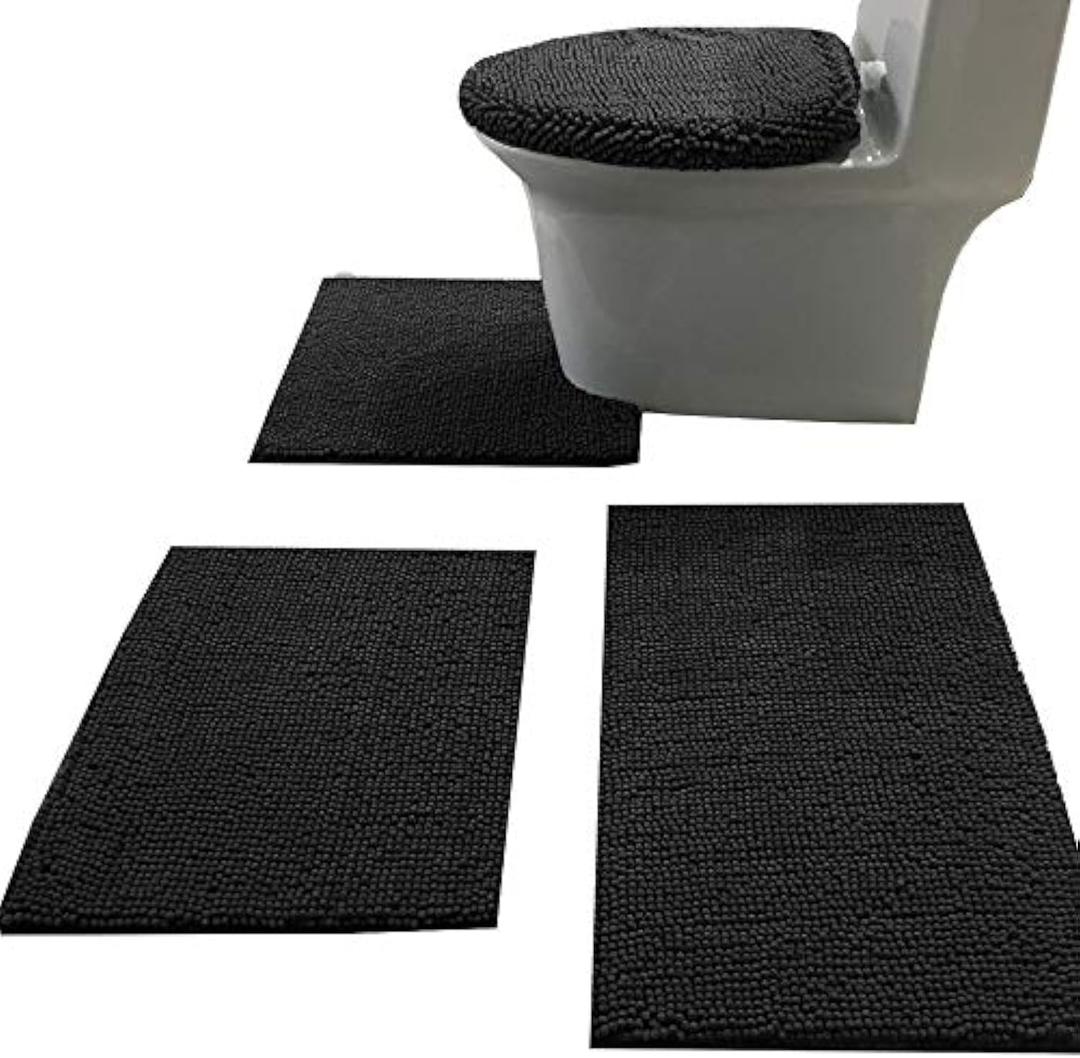 Madeals Chenille Bath Rug Set 4 Piece with Toilet Lid Cover and Rug Set Combo, Soft Shaggy Bath Rug Set 3 Piece and U-Shaped Toilet Floor Rug, Black