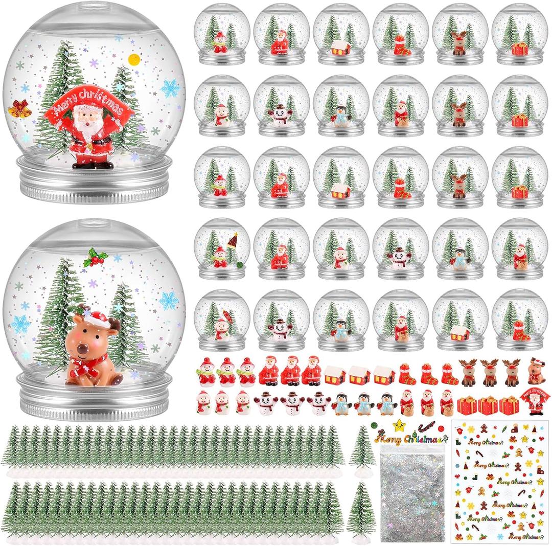 32 Pack Christmas Plastic Snow Globes Kit Includes 32 Clear Snow Globe, 64 Mini Xmas Trees, 32 Christmas fillable Ornaments, 1 Sticker with Glitter for DIY Crafts Home Winter Decor