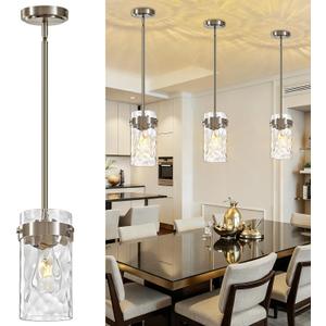 4.72" Hammered Glass Pendant Lighting for Kitchen Island 1 Pack, Modern Brushed Nickel Pendant Light Fixtures, Adjustable Ceiling Pendant Light for Kitchen Island Dining Room Bedroom Hallway