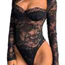 SweatyRocks Women's Sheer Lace Long Sleeve Underwire Bodysuit Corset Tops Skinny Leotard (Black, Small)