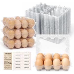 WIKDAY Plastic Egg Cartons 60 Pack 12 Count Cheap Bulk Clear Dozen Reusable Empty Egg Containers for Chicken Eggs Storage with Date Tracking Stickers Egg Care Instructions, Medium to Large