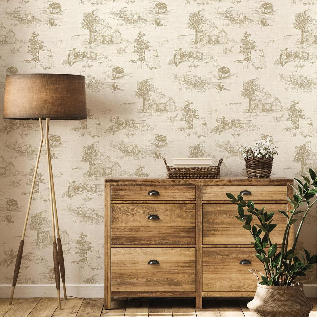 Monochrome Wallpaper Chinoiserie Style Wall Decor Toile de Jouy Landscape Dresser Decal Self Adhesive Removabal Sticker Peel and Stick Furniture Stickers Vintage Bedroom Livingroom Decoration (15.8" x 59.1")