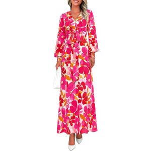 PRETTYGARDEN Women's 2026 Spring Wedding Guest Dresses Floral Long Sleeve V Neck Belted Long Flowy Boho Maxi Dress, M