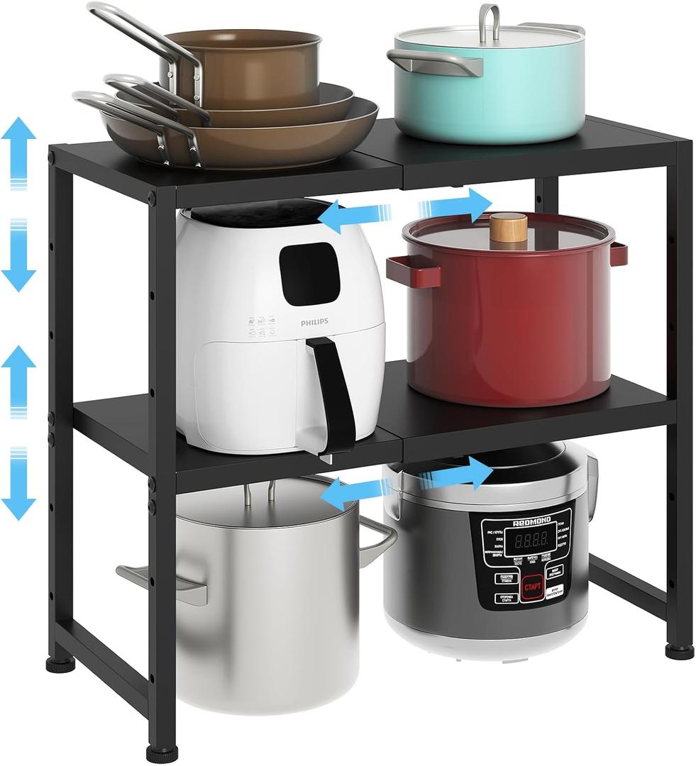2-Tier Expandable Metal Storage Shelves,150LBS Heavy Duty Shelving Units and Storage For Small Appliance,Adjustable Pots and Pans Organizer Rack Shelf For Kitchen Under Cabinet Pantry Warehouse Garage (Black)