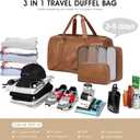 Wogarl 3PCS Faux Leather Weekender Bag for Women Men Large Overnight Bags Travel Duffel with Shoe Compartment Toiletry Packing Cube Carry On Tote Fit 21" Laptop(Light Brown)
