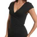 Women's Deep V Neck T-Shirt Trendy Flowy Casua Blouses 2025 Spring Summer Short Clothes Suitable for Beach Parties Dates (Black, L)