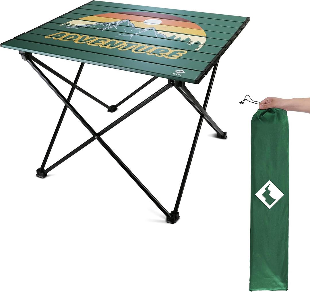 VILLEY Portable Camping Side Table, Ultralight Aluminum Folding Table with Mountain Silhouette Print and Carry Bag for Camping, Picnic, Beach, Travel, Large 24''