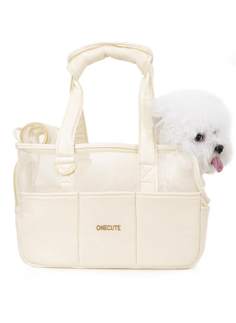 Dog Purse Carrier for Small Dogs Rabbit cat with Large Pockets, Cotton Bag, Dog Carrier Soft Sided, Collapsible Travel Puppy Carrier (Beige Breathable, 13.6" L x 6.5" W x 10.0" H)