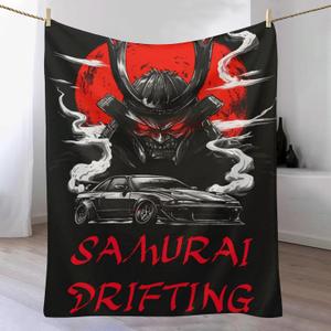 JDM Car Samurai Throw Blanket Japanese Anime Flannel Throw Blankets for Couch Chair Camping Travel Office Outdoor All Season Use 280GSM 60"x80"