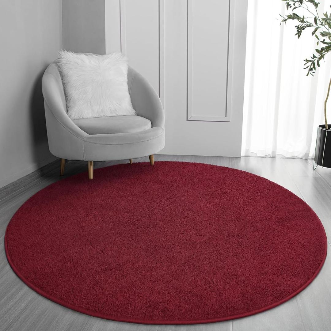 FlyDOIT Round Area Rugs for Bedroom Living Room, 5x5 Rose Red Super Soft Comfy Thickened Memory-Foam Indoor Circle Carpets, Modern Aesthetic Minimalist Carpet for Boys Girls Adults Nursery Home Dcor
