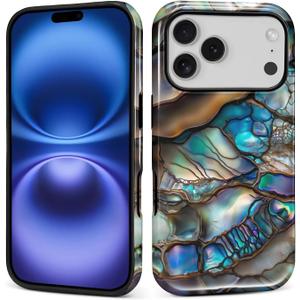 Case for iPhone 17 Pro,Shockproof Hard Shell Soft Silicone 2 in 1 Hybrid Shockproof Bumper Drop Protective Blue Abalone Mollusk Shell
