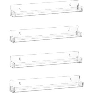 LikeU Nail Polish Rack Wall Mounted Shelf 4 Pack, Clear Acrylic Holder Organizer With Removable Anti-slip End Inserts, 4 Tiers Floating Display for 60 Bottles